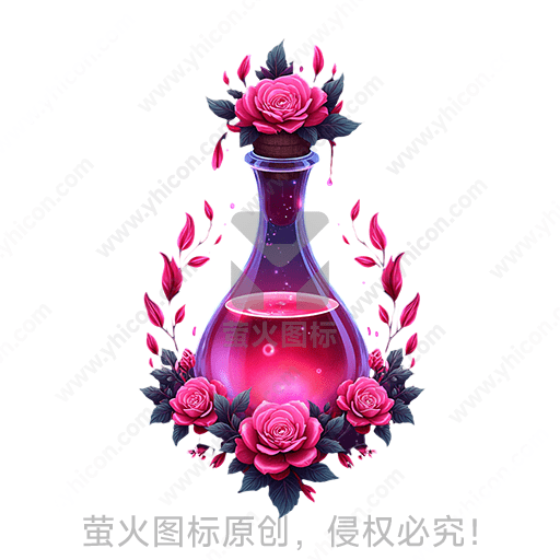 紫红色魔法药水瓶，装饰玫瑰花与星光