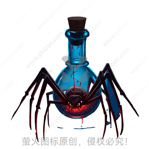 蓝色瓶子上爬着一只黑蜘蛛