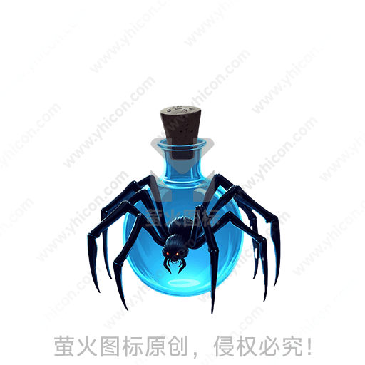 蓝色瓶子上攀爬着一只黑色蜘蛛