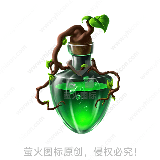 绿色液体的透明玻璃瓶，藤蔓缠绕