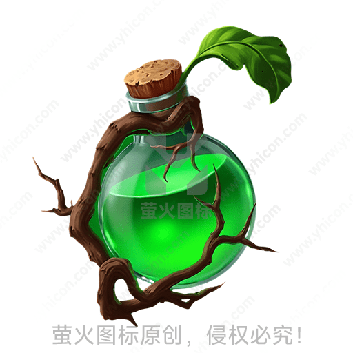 透明圆形玻璃瓶，瓶内绿色液体，木塞，藤蔓缠绕