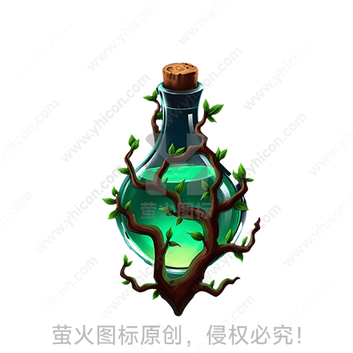 绿色液体的玻璃瓶，外缠藤蔓