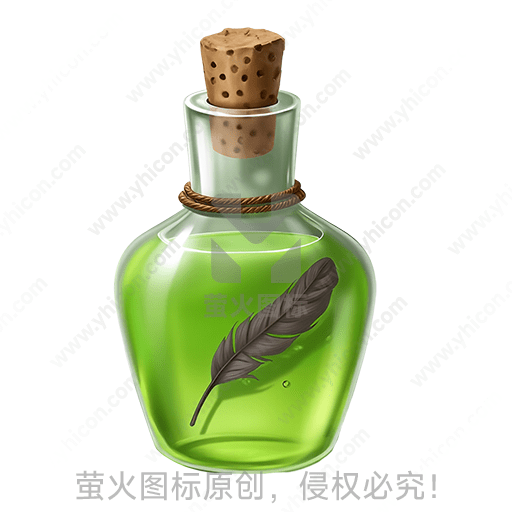 绿色透明瓶子，瓶颈绑麻绳，木塞封口，瓶身有羽毛图案