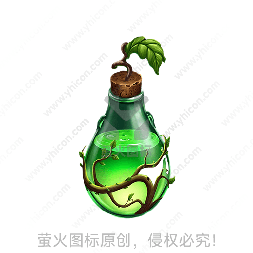 绿色液体在透明瓶中，瓶口塞着软木塞，瓶子外有藤蔓缠绕