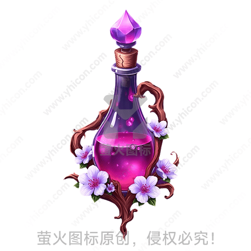 紫色液体的精致玻璃瓶，周围环绕着白花