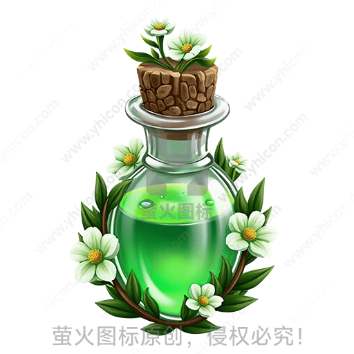 瓶子里装着绿色液体，周围有白色花朵