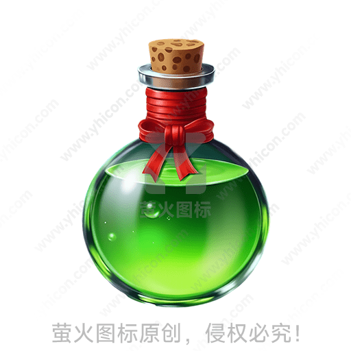 圆形玻璃瓶内装绿色液体，瓶口系红色蝴蝶结