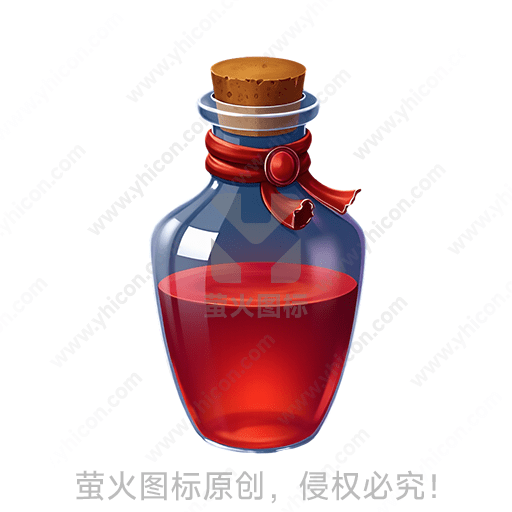 透明瓶装红色液体，木瓶塞，红丝带