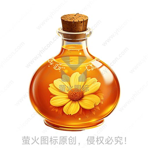 透明圆形瓶中装满橙黄色液体，瓶内浮现一朵黄色花朵