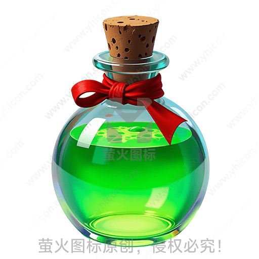 圆形透明玻璃瓶，瓶口用软木塞封闭，红色丝带装饰，瓶内装满绿色液体