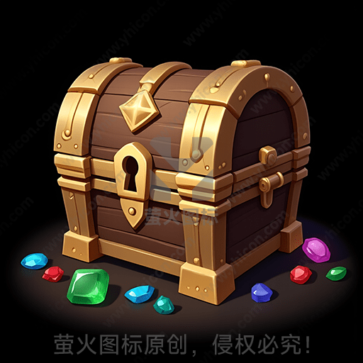 一只木质宝箱周围散落着彩色宝石