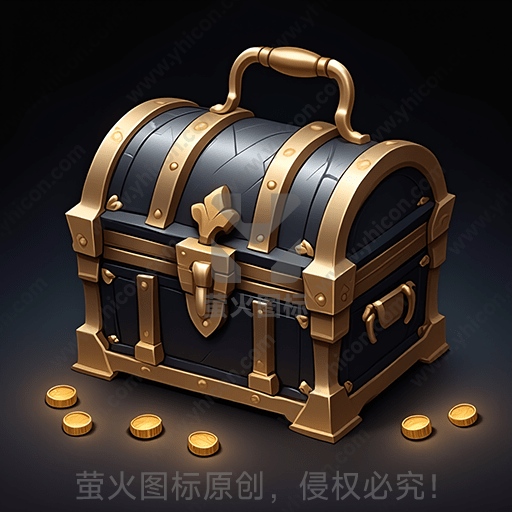 一只老式木质大宝箱，旁边散落金币