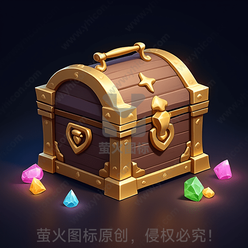 木质金属结构宝箱，周围散落彩色宝石