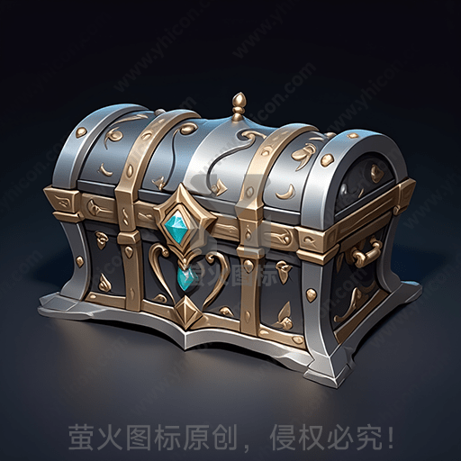 蓝灰色的华丽宝箱，金属装饰，中心宝石