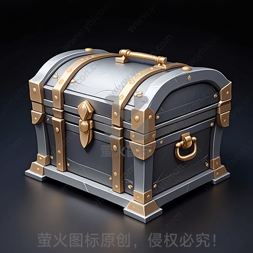 灰色背景上的古老宝箱，装饰金属条和锁