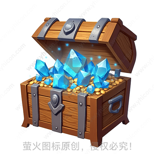 一个开启的木制宝箱中充满金币和蓝色宝石