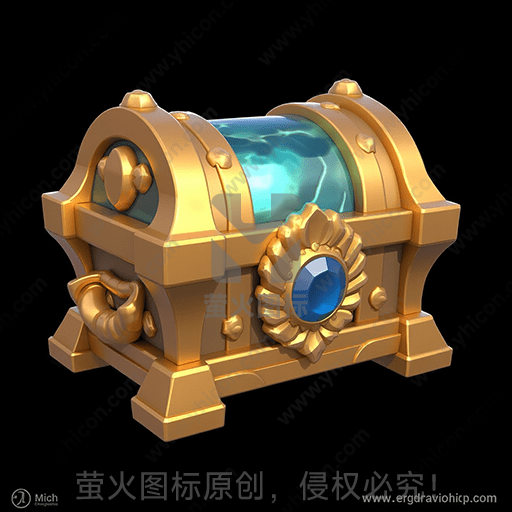 金色带蓝宝石的奇幻宝箱，发光的内部