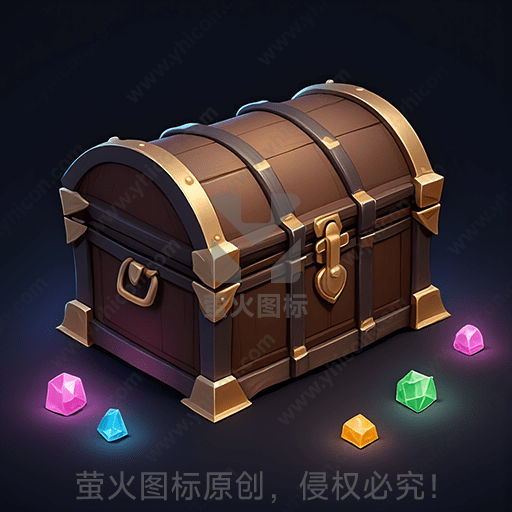 一只古老的木质宝箱，周围散布着彩色宝石