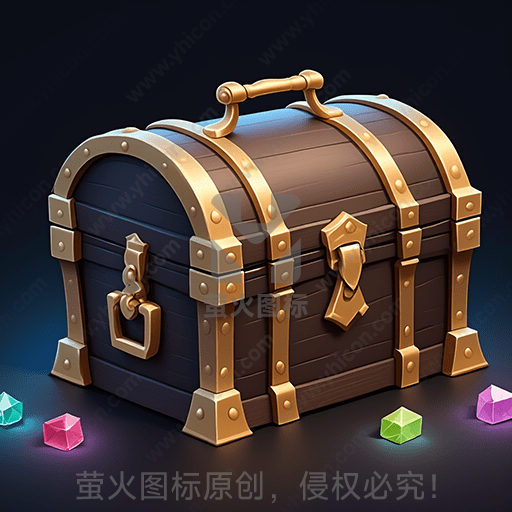 木制金属镶边的宝箱周围散落彩色宝石