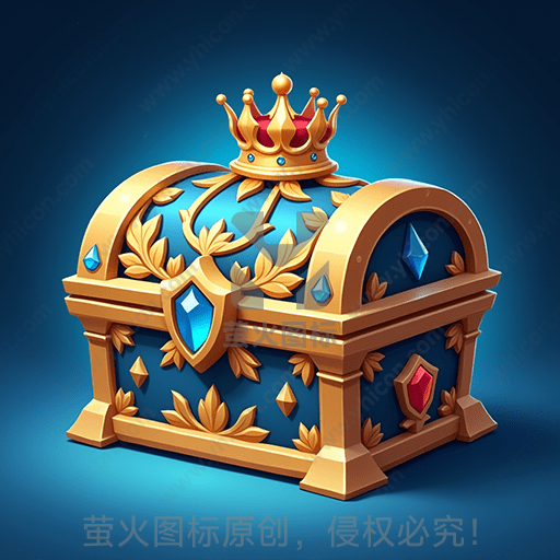 皇冠装饰的金色宝箱，蓝宝石和金叶子点缀