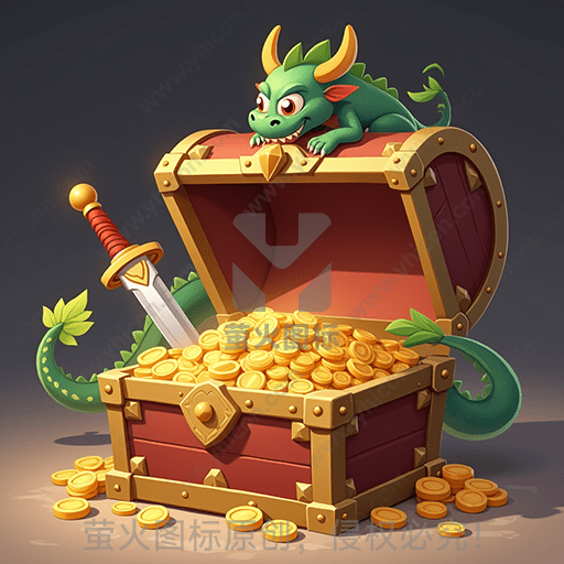 绿色小龙蜷卧在充满金币的宝箱上，旁边是一把剑