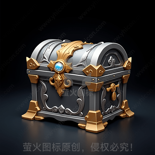 神秘的灰色和金色宝箱，中间镶嵌蓝宝石
