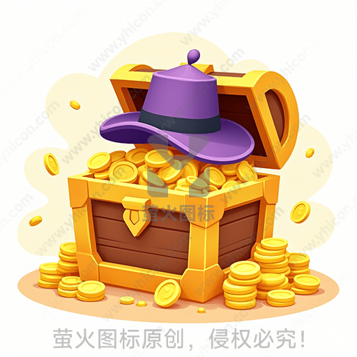 开启的宝箱里满是金币，上面放着一顶紫色帽子