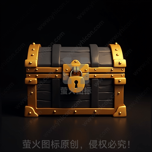 一个金属边角的黑色复古宝箱，锁前突出
