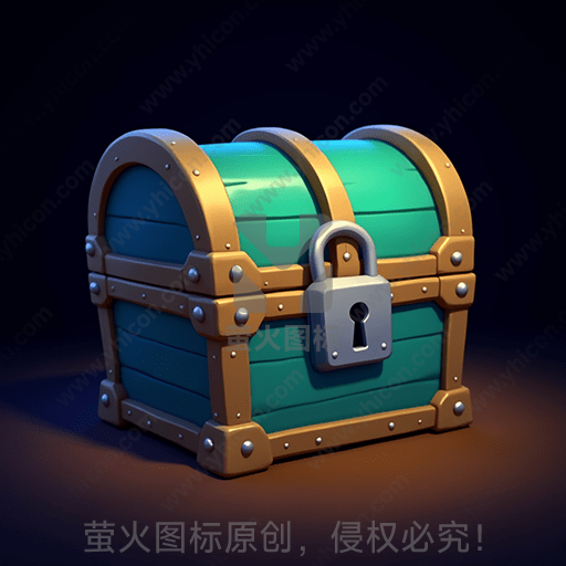 蓝绿色木质宝箱，带金属条和锁