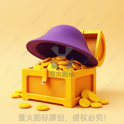 紫色帽子覆盖在满是金币的黄色箱子上