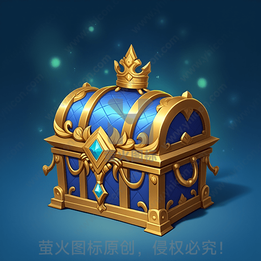 华丽金蓝色宝箱，顶戴皇冠，闪耀宝石