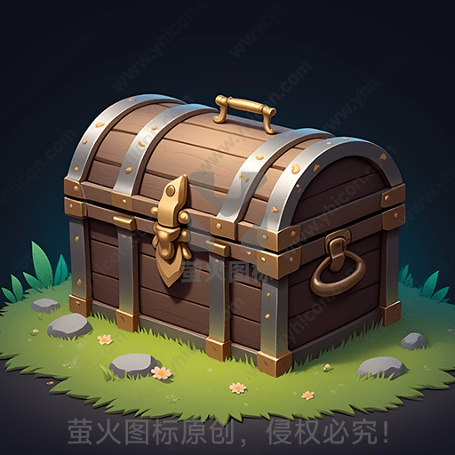 宝箱坐落在草地上，四周散布小石头和小花