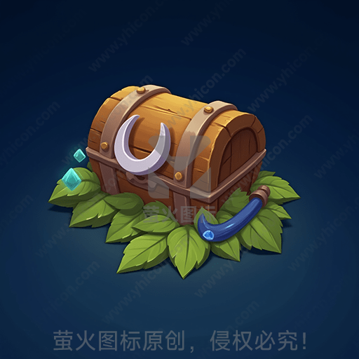 古老宝箱中散落宝石，四周环绕绿叶