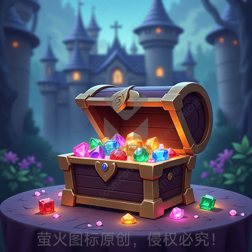 宝箱中满是彩色宝石，背景是城堡