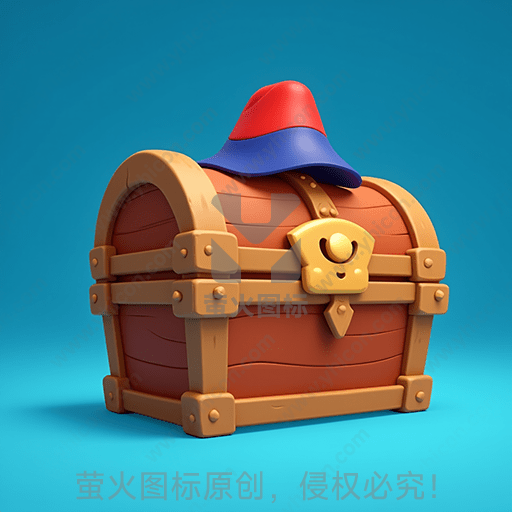 一只戴着蓝红帽子的木质宝箱