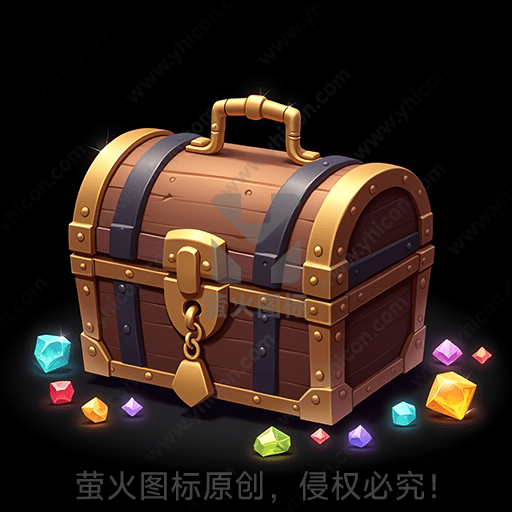 一个关闭的木制宝箱，周围散落多彩宝石