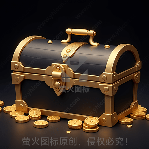 一个老式金属质感的宝箱，周围散落金币
