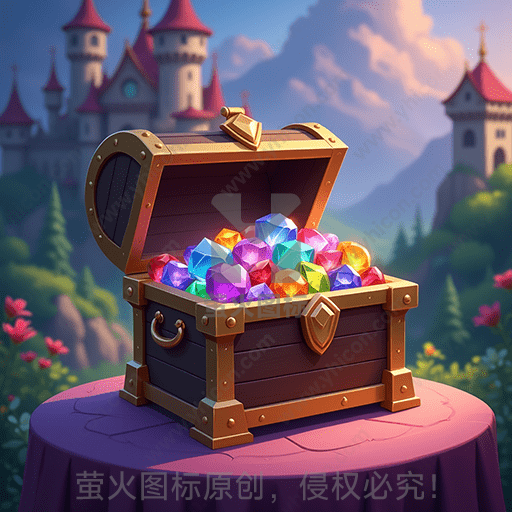 木质宝箱里满是五彩宝石，背景是城堡