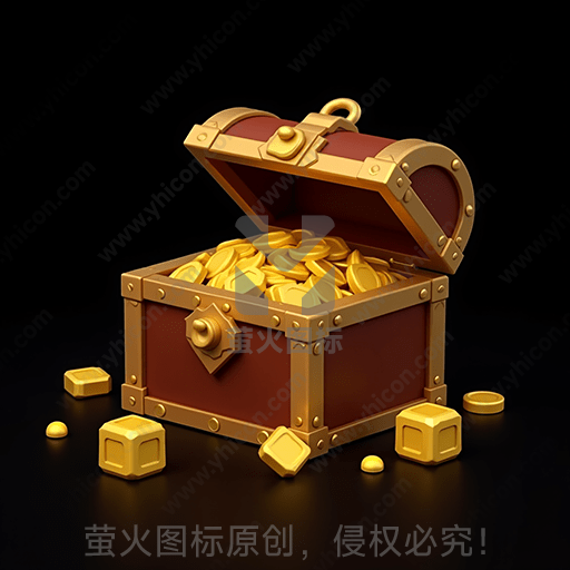木制宝箱内满是金币，背景为黑色