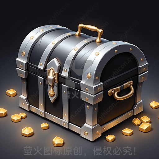 一只黑色金属质感的箱子，周围散落金币