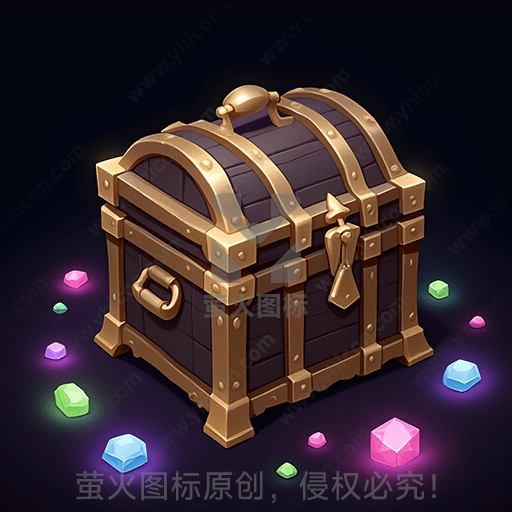 古老的木质宝箱，周围散布彩色宝石