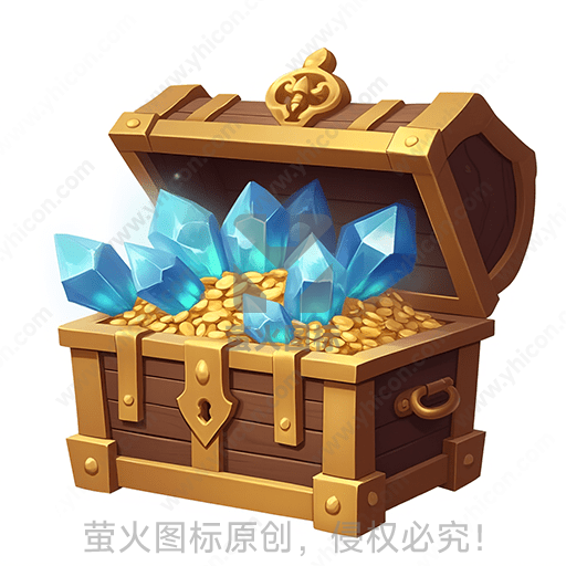 木质宝箱中满是金币和蓝色水晶