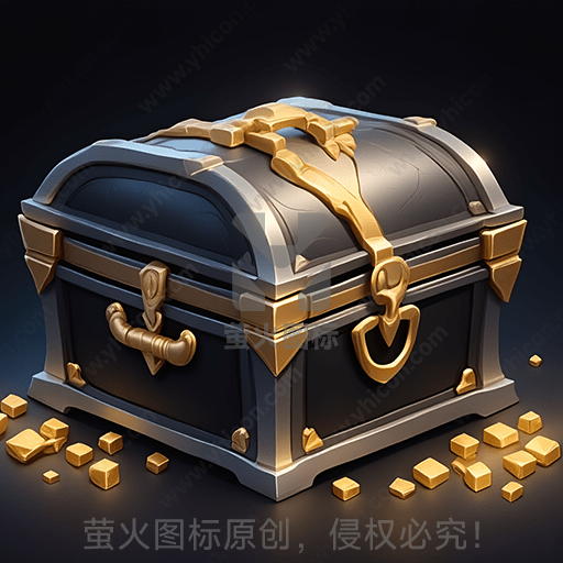 灰色宝箱，金色装饰，周围散落金币