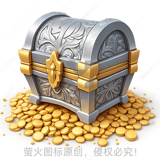 精细雕花的银色和金色宝箱，散落金币
