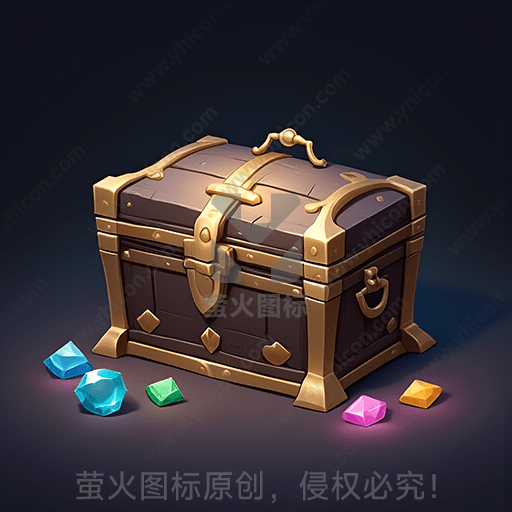 一只复古风格的宝箱旁散落着彩色宝石