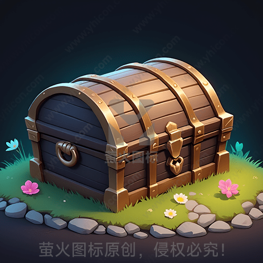 草地上的木制宝箱，周围有花和石头