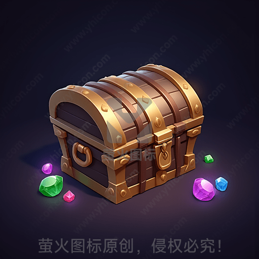 一只木制金边的宝箱，周围散落彩色宝石