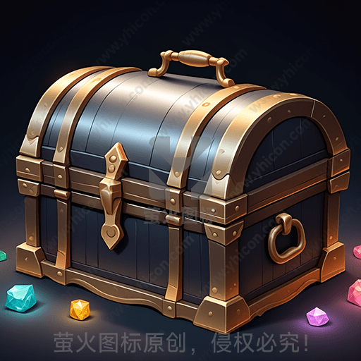 一只木制和金属质地的宝箱，周围散落着彩色宝石