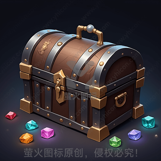 一只装饰精美的宝箱，周围散落彩色宝石