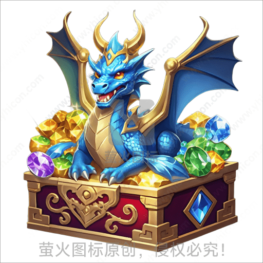 蓝色龙坐在满是宝石的箱子上